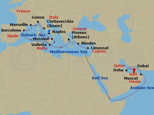 MSC World Europa - 26 Night - Msc Grand Voyages - MSC World Europa - Starting in Naples (Pompeii), Italy, Messina (Taormina), Italy, La Valletta, Malta, Barcelona, Spain, Marsei.. itinerary map