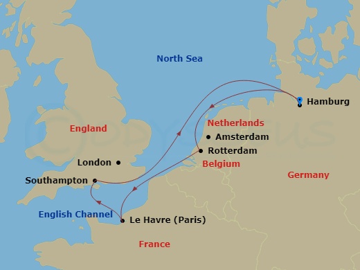 MSC Poesia - 6 Night - Ham - MSC Poesia - Starting in Hamburg, Germany, Rotterdam (Amsterdam), Netherlands, Le Havre (Paris), France, Southampton (London), United Kingdom,.. itinerary map