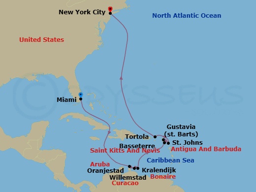 14 Night - Caribbean Compass - Seven Seas Mariner - Starting in Miami, Cruising the Old Bahama Channel, Cruising the Caribbean Sea, Oranjestad, Willemstad AN, Bonaire (Kralendijk), Cruising the Caribbean Sea, Basseterre, Gustavia, St Johns, Tortola, Cruising the Atlantic Ocean, New York itinerary map
