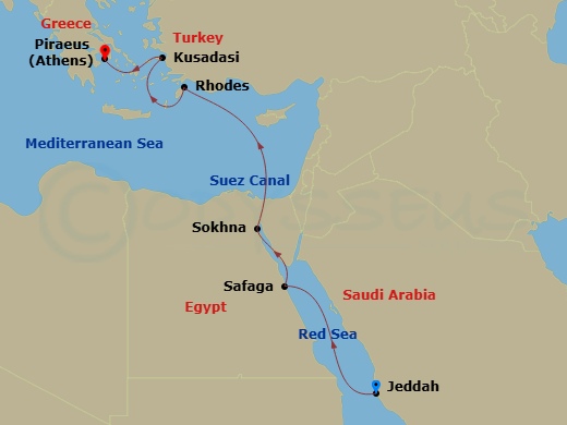 EXPLORA II - 10 Night - A Grand Journey from Arabian Sands to Hellenic Grandeur - EXPLORA II - Starting in Jeddah, Luxor (Safaga), Sokhna, Crossing the Suez Canal, Rhodes,.. itinerary map