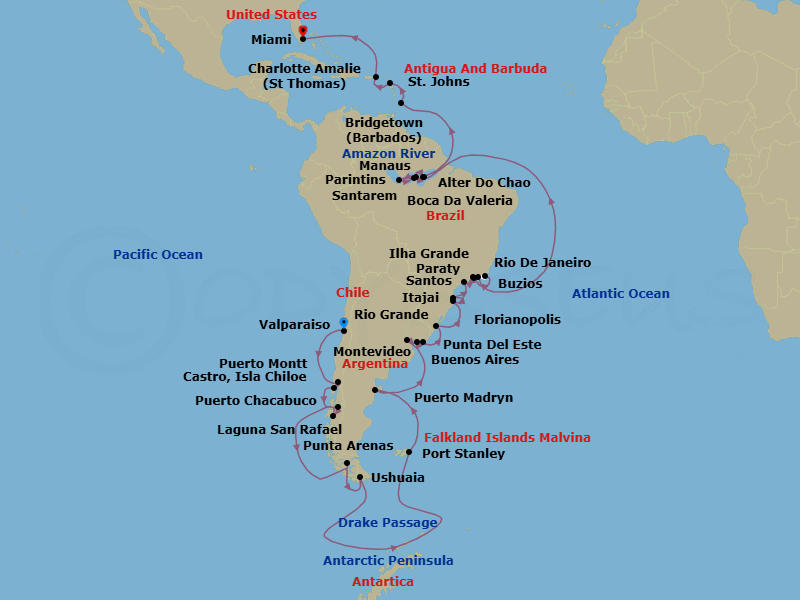54 Night - Epic Antarctic & Amazon - Oceania Insignia - Starting in Santiago De Chile (Valparaiso), Puerto Montt, Castro, Puerto Chacabuco, Laguna San Raphael, Cruising the Chilean Fjords, Punta Arenas, Ushuaia, Cruising Drake Passage, Cruising the Antarctic Peninsula, Port Stanley, Falkland Islands, Puerto Madryn, Buenos Aires, Montevideo, Punta Del Este, Rio Grande, Florianopolis, Itajai, Sao Paulo (Santos), Parati, Ilha Grande, Brazil, Buzios, Brazil, Rio De Janeiro, Cruising the Amazon River, Alter Do Chao (Amazon River), Boca Da Valeria (Amazon River), Manaus (Amazon River), Parintins (Amazon River), Santarem (Amazon River), Cruising the Amazon River, Bridgetown, St Johns AG, Charlotte Amalie, Miami itinerary map