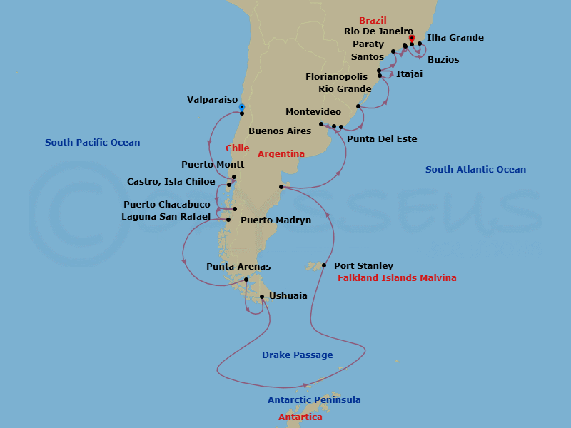 33 Night - Captain Drake's Crossroads - Oceania Insignia - Starting in Santiago De Chile (Valparaiso), Puerto Montt, Castro, Puerto Chacabuco, Laguna San Raphael, Cruising the Chilean Fjords, Punta Arenas, Ushuaia, Cruising Drake Passage, Cruising the Antarctic Peninsula, Port Stanley, Falkland Islands, Puerto Madryn, Buenos Aires, Montevideo, Punta Del Este, Rio Grande, Florianopolis, Itajai, Sao Paulo (Santos), Parati, Ilha Grande, Brazil, Buzios, Brazil, Rio De Janeiro itinerary map