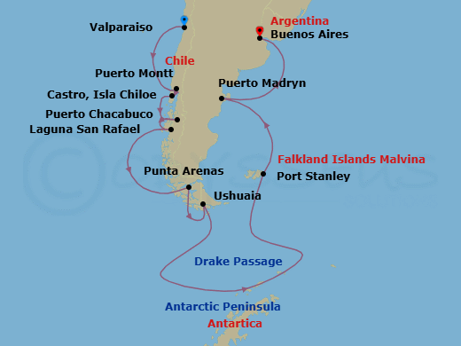 21 Night - Southern Fjords & Glaciers - Oceania Insignia - Starting in Santiago De Chile (Valparaiso), Puerto Montt, Castro, Puerto Chacabuco, Laguna San Raphael, Cruising the Chilean Fjords, Punta Arenas, Ushuaia, Cruising Drake Passage, Cruising the Antarctic Peninsula, Port Stanley, Falkland Islands, Puerto Madryn, Buenos Aires itinerary map