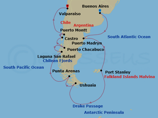 21 Night - Southern Fjords & Glaciers - Oceania Insignia - Starting in Buenos Aires, Puerto Madryn, Port Stanley, Falkland Islands, Cruising the Antarctic Peninsula, Cruising Drake Passage, Ushuaia, Punta Arenas, Cruising the Chilean Fjords, Laguna San Raphael, Puerto Chacabuco, Castro, Puerto Montt, Santiago De Chile (Valparaiso) itinerary map