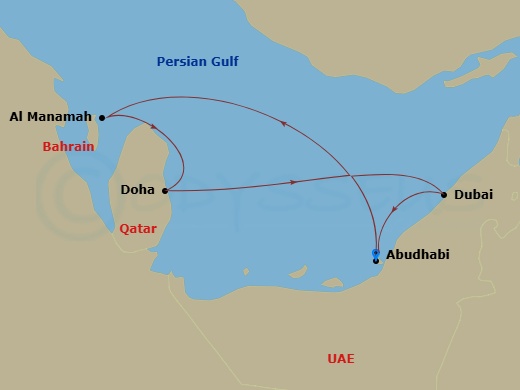 MSC World Europa - 7 Night - Dubai, Abu Dhabi & Qatar - MSC World Europa - Starting in Abu Dhabi, United Arab Emirates, Bahrain, Doha, Qatar, Dubai, United Arab Emirates, Abu Dh.. itinerary map