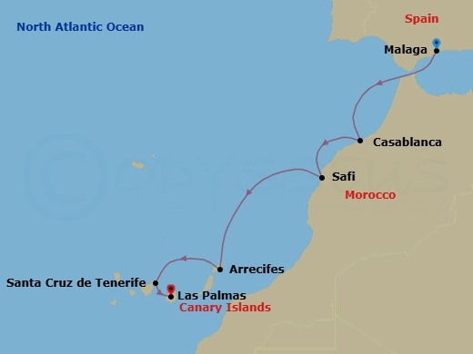 7 Night - Morocco & Canary Islands - Star Clipper - Starting in Malaga, Spain, Casablanca, Morocco, Safi, Morocco, Arrecife / Lanzarote / Canary Islands, Spain, Santa Cruz de Tenerife, Las Palmas / Gran Canaria / Canary Islands, Spain itinerary map