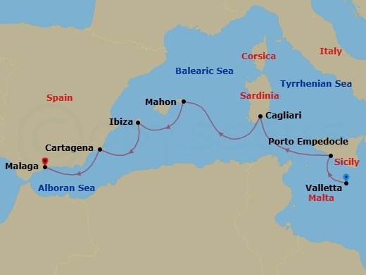9 Night - Malta, Balearics & Spain - Star Clipper - Starting in Valletta, Malta, Porto Empedocle (Agrigento) Sicily, Italy, Cagliari / Sardinia, Italy, Mahon / Menorca / Balearic Islands, Spain, Ibiza / Balearic Islands, Spain, Cartagena ES, Malaga, Spain itinerary map