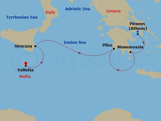 Star Clipper - 5 Night - Sicily & Greece - Star Clipper - Starting in Piraeus (Port of Athens), Greece, Monemvasia, Greece, Pilos, Greece, Syracuse, Sicily, Italy, Valletta,.. itinerary map