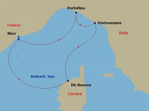 Star Clipper - 4 Night - Nice - Nice - Star Clipper - Starting in Nice, France, Portofino, Italy, Porto Venere, Italy, Lile Rousse / Corsica, France, Nice, France itinerary map