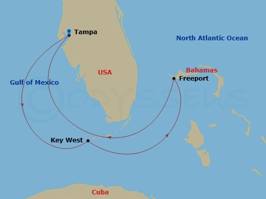 Margaritaville Islander - 5 Night - Key West & Grand Bahama - Margaritaville Islander - Starting in Port Tampa Bay, Key West, FL, Freeport, Grand Bahama, Port Tampa Bay itinerary map