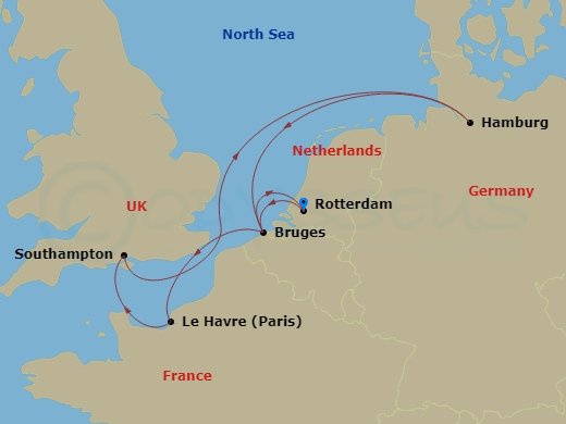 MSC Poesia - 8 Night - Northern Europe - MSC Poesia - Starting in Rotterdam (Amsterdam), Netherlands, Zeebrugge (Bruges), Belgium, Le Havre (Paris), France, Southampton (L.. itinerary map