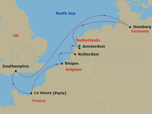 MSC Poesia - 8 Night - Northern Europe - MSC Poesia - Starting in Rotterdam (Amsterdam), Netherlands, Zeebrugge (Bruges), Belgium, Le Havre (Paris), France, Southampton (L.. itinerary map