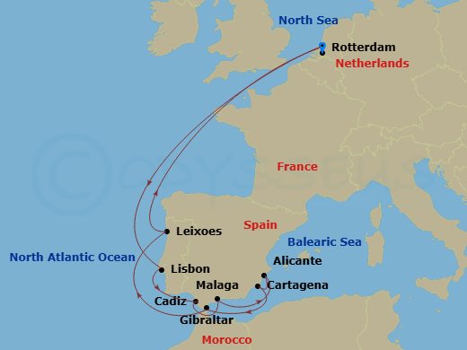 HAL Nieuw Statendam - 14 Night - Mediterranean & Atlantic Treasures : Lisbon Overnight - HAL Nieuw Statendam - Starting in Rotterdam, the Netherlands, Lisbon, Portugal, Cadiz (Sevi.. itinerary map