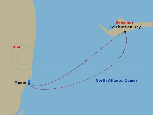 Carnival Conquest - 3 Night - Bahamas - Carnival Conquest - Starting in Miami, Fl, Celebration Key, the Bahamas, Miami, Fl itinerary map