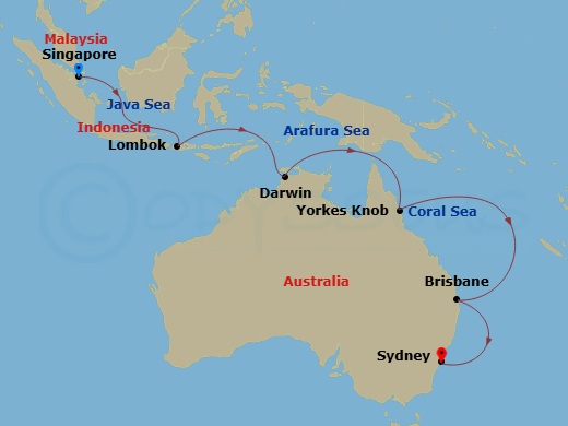 Royal Princess - 15 Night - Asia & Australia - Royal Princess - Starting in Singapore, Lombok, Indonesia, Darwin, Australia, Yorkeys Knob (Cairns), Australia, Brisbane, Austra.. itinerary map
