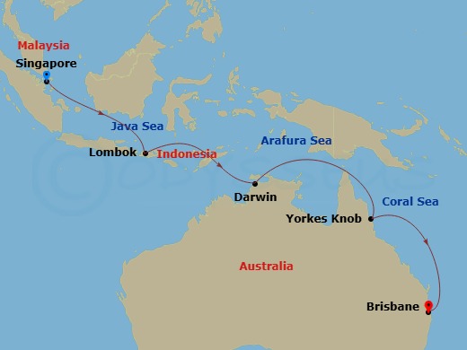 Royal Princess - 13 Night - Asia & Australia - Royal Princess - Starting in Singapore, Lombok, Indonesia, Darwin, Australia, Yorkeys Knob (Cairns), Australia, Brisbane, Austra.. itinerary map
