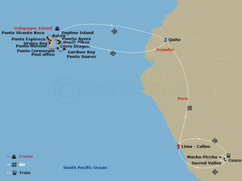 Celebrity Flora Cruise Tours - 16 Night - Galapagos Outer Loop & Machu Picchu - Celebrity Flora Cruise Tours - Starting in Quito, Ecuador, Quito to Baltra Embarkation, Baltra Island (Galapa.. itinerary map