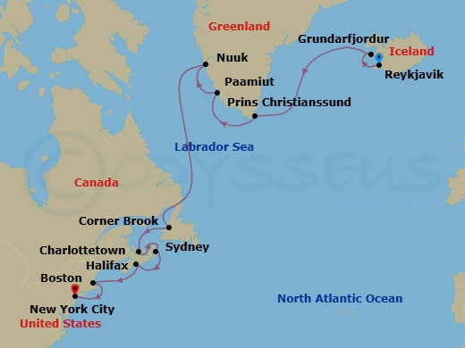 17 Night - Untamed North Atlantic - Oceania Vista - Starting in Reykjavik, Grundarfjordur, Cruising Prince Christian Sound, Paamiut (Frederikshab), Nuuk, Corner Brook, Charlottetown, Sydney CA, Halifax, Boston, New York itinerary map