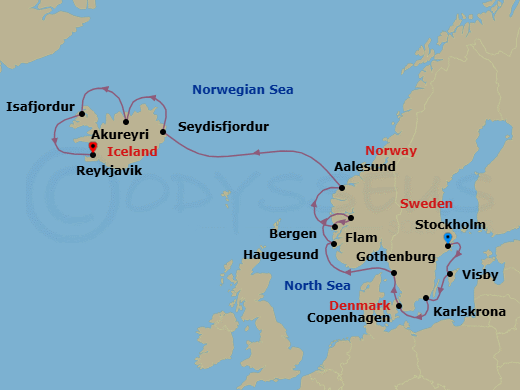 14 Night - Fjords to Icelandic Vistas - Oceania Vista - Starting in Stockholm, Visby, Sweden, Karlskrona, Copenhagen, Gothenburg, Haugesund, Flam (Sognefjord), Bergen, Alesund, Seydisfjordur, Akureyri, Isafjordur, Reykjavik itinerary map