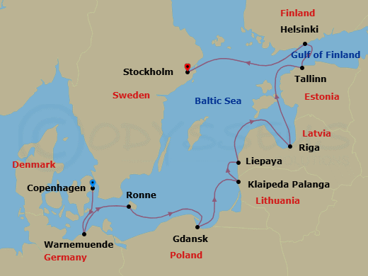 11 Night - Bewitching Baltics - Oceania Vista - Starting in Copenhagen, Berlin (Warnemunde), Ronne (Bornholm), Gdansk (Gdynia), Klaipeda, Liepaja, Riga, Tallinn, Helsinki, Stockholm itinerary map