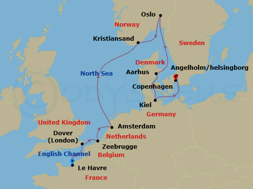 11 Night - Charms of Northern Europe - Oceania Vista - Starting in Paris (Le Havre), London (Dover UK), Bruges (Zeebrugge), Amsterdam, Kristiansand, Oslo, Aarhus, Kiel, Helsingborg, Copenhagen itinerary map