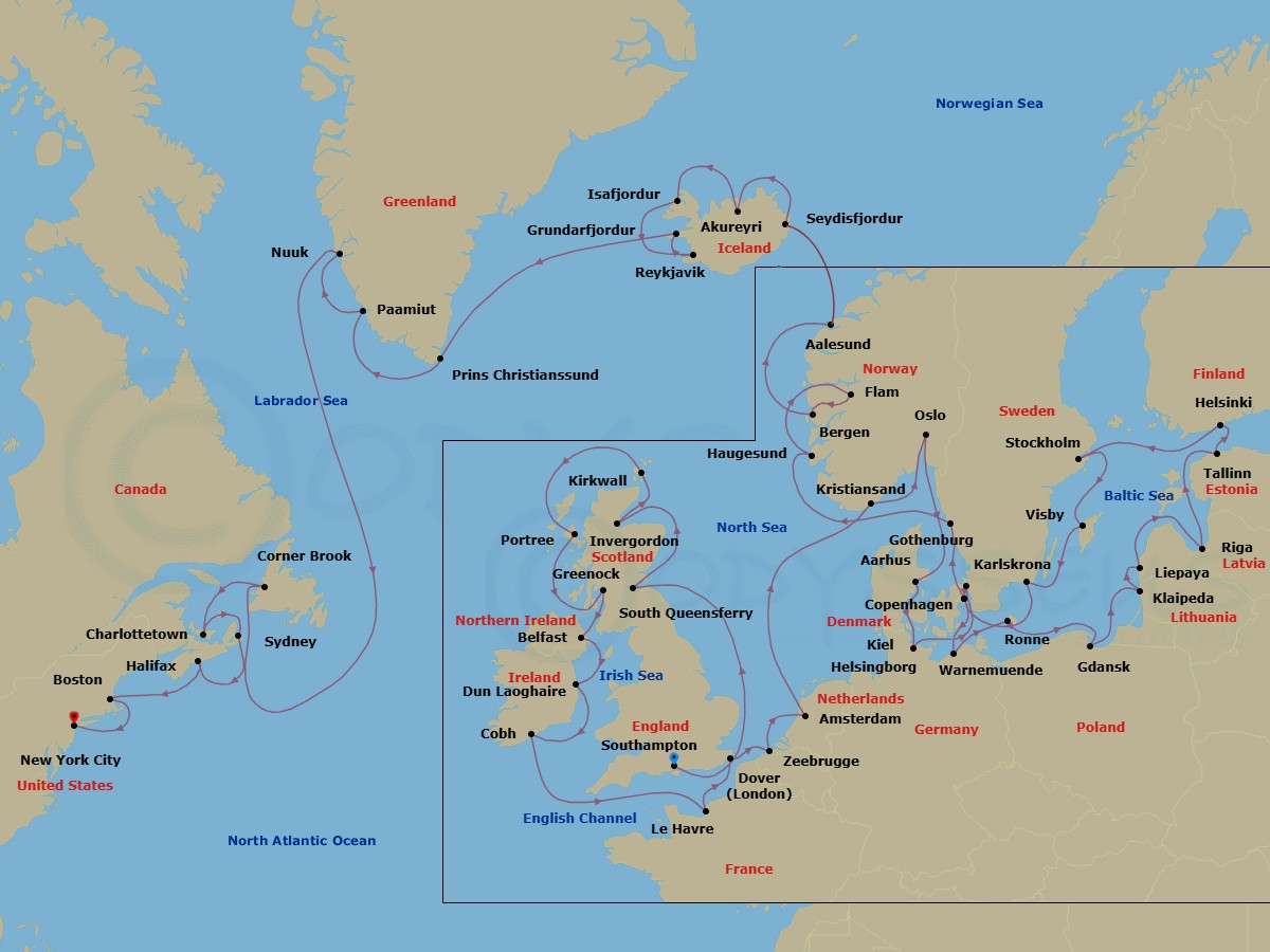 64 Night - Northern & Baltic Legends - Oceania Vista - Starting in London (Southampton), Edinburgh (South Queensferry), Invergordon, United Kingdom, Kirkwall (Orkney Islands), Portree (Isle of Skye), Glasgow (Greenock), Belfast, Dublin (Dun Laoghaire), Cork (Cobh), Paris (Le Havre), London (Dover UK), Bruges (Zeebrugge), Amsterdam, Kristiansand, Oslo, Aarhus, Kiel, Helsingborg, Copenhagen, Berlin (Warnemunde), Ronne (Bornholm), Gdansk (Gdynia), Klaipeda, Liepaja, Riga, Tallinn, Helsinki, Stockholm, Visby, Sweden, Karlskrona, Copenhagen, Gothenburg, Haugesund, Flam (Sognefjord), Bergen, Alesund, Seydisfjordur, Akureyri, Isafjordur, Reykjavik, Grundarfjordur, Cruising Prince Christian Sound, Paamiut (Frederikshab), Nuuk, Corner Brook, Charlottetown, Sydney CA, Halifax, Boston, New York itinerary map
