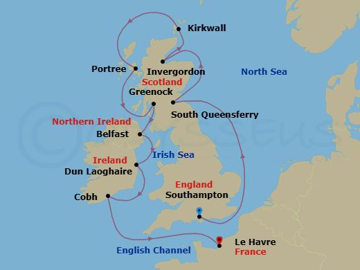 11 Night - Celtic Coronation - Oceania Vista - Starting in London (Southampton), Edinburgh (South Queensferry), Invergordon, United Kingdom, Kirkwall (Orkney Islands), Portree (Isle of Skye), Glasgow (Greenock), Belfast, Dublin (Dun Laoghaire), Cork (Cobh), Paris (Le Havre) itinerary map