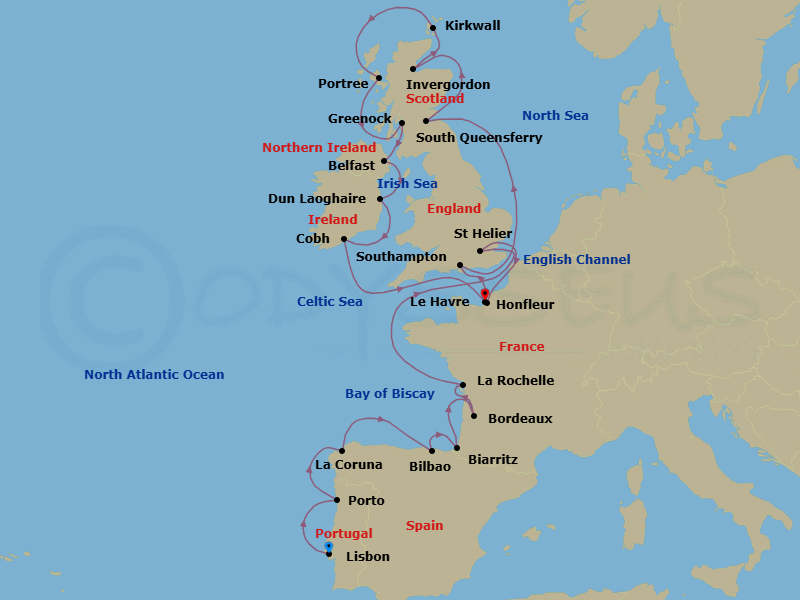22 Night - Castles & Celtic Circles - Oceania Vista - Starting in Lisbon, Oporto, La Coruna, Bilbao, Biarritz (Saint-Jean-De-Luz), Bordeaux, La Rochelle, France, St Helier, Jersey, Paris (Honfleur), London (Southampton), Edinburgh (South Queensferry), Invergordon, United Kingdom, Kirkwall (Orkney Islands), Portree (Isle of Skye), Glasgow (Greenock), Belfast, Dublin (Dun Laoghaire), Cork (Cobh), Paris (Le Havre) itinerary map