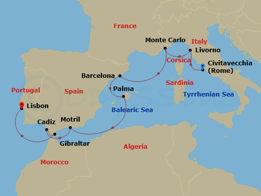 Oceania Vista - 9 Night - Caesars & Conquistadors - Oceania Vista - Starting in Rome (Civitavecchia), Florence / Pisa / Tuscany (Livorno), Monte Carlo, Barcelona, Palma De Ma.. itinerary map