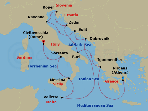 13 Night - Eternal Mediterranean - Oceania Vista - Starting in Athens (Piraeus), Igoumenitsa, Bari, Zadar, Koper, Ravenna, Split, Dubrovnik, Croatia, Valletta, Messina (Sicily), Sorrento / Capri, Rome (Civitavecchia) itinerary map