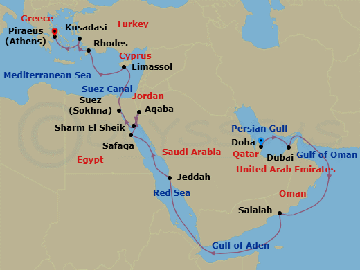20 Night - Arabian & Aegean Gems - Oceania Vista - Starting in Doha, Dubai, Salalah, Jeddah, Luxor (Safaga), Aqaba, Sharm El-Sheikh, Ain Sokhna, Suez Canal (Transit), Limassol, Rhodes, Ephesus (Kusadasi), Athens (Piraeus) itinerary map