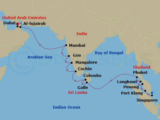 18 Night - Indian Ocean Inspiration - Oceania Nautica - Starting in Singapore, Kuala Lumpur (Port Klang), Penang, Langkawi, Phuket, Galle, Colombo, Cochin (Kochi), Mangalore, Goa (Mormugao), Mumbai, Fujairah, Dubai itinerary map