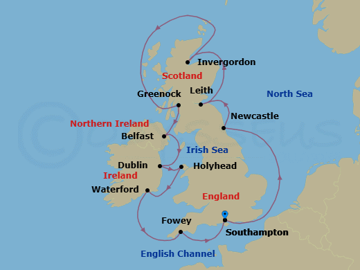 12 Night - Legacy of the Windsors - Oceania Insignia - Starting in London (Southampton), Newcastle UK, Edinburgh (Leith), Invergordon, United Kingdom, Glasgow (Greenock), Belfast, Dublin, Holyhead, Waterford, Fowey, London (Southampton) itinerary map