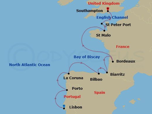 10 Night - Atlantic Wine Trails - Oceania Insignia - Starting in Lisbon, Oporto, La Coruna, Bilbao, Biarritz (Saint-Jean-De-Luz), Bordeaux, Saint-malo, St Peter Port, Guernsey, London (Southampton) itinerary map