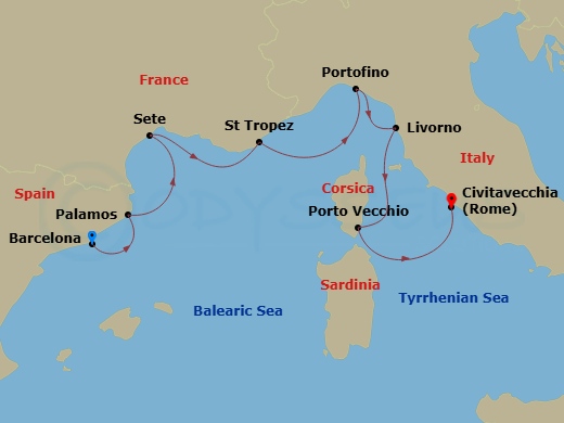 Oceania Allura - 7 Night - Spellbinding Rivieras - Oceania Allura - Starting in Barcelona, Palamos, Sete, Saint-Tropez, Portofino, Florence / Pisa / Tuscany (Livorno), Porto V.. itinerary map