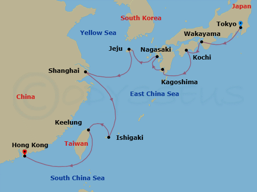 13 Night - Far East Enchantment - Oceania Nautica - Starting in Tokyo, Wakayama, Kochi, Kagoshima, Nagasaki, Jeju, Shanghai, Ishigaki, Taipei (Keelung), Hong Kong itinerary map
