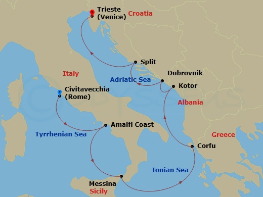 Oceania Marina - 7 Night - Adriatic Reflections - Oceania Marina - Starting in Rome (Civitavecchia), Amalfi / Positano, Messina (Sicily), Corfu, Kotor, Dubrovnik, Croatia, Spl.. itinerary map