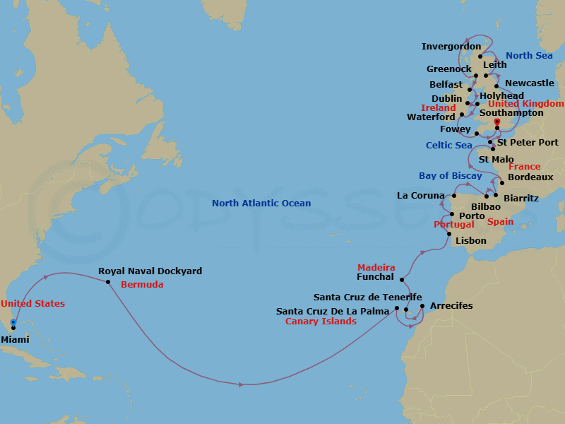 37 Night - Crossing to Northern Crowns - Oceania Insignia - Starting in Miami, Royal Naval Dockyard, Santa Cruz de La Palma, Arrecife (Lanzarote), Santa Cruz de Tenerife, Funchal (Madeira), Lisbon, Oporto, La Coruna, Bilbao, Biarritz (Saint-Jean-De-Luz), Bordeaux, Saint-malo, St Peter Port, Guernsey, London (Southampton), Newcastle UK, Edinburgh (Leith), Invergordon, United Kingdom, Glasgow (Greenock), Belfast, Dublin, Holyhead, Waterford, Fowey, London (Southampton) itinerary map