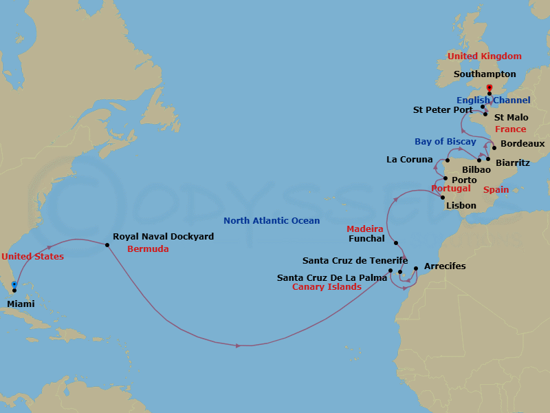 25 Night - Atlantic Isles & Kingdoms - Oceania Insignia - Starting in Miami, Royal Naval Dockyard, Santa Cruz de La Palma, Arrecife (Lanzarote), Santa Cruz de Tenerife, Funchal (Madeira), Lisbon, Oporto, La Coruna, Bilbao, Biarritz (Saint-Jean-De-Luz), Bordeaux, Saint-malo, St Peter Port, Guernsey, London (Southampton) itinerary map