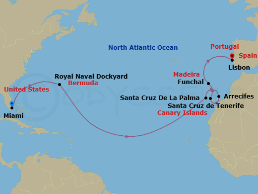 15 Night - Atlantic Island Collector - Oceania Insignia - Starting in Miami, Royal Naval Dockyard, Santa Cruz de La Palma, Arrecife (Lanzarote), Santa Cruz de Tenerife, Funchal (Madeira), Lisbon itinerary map
