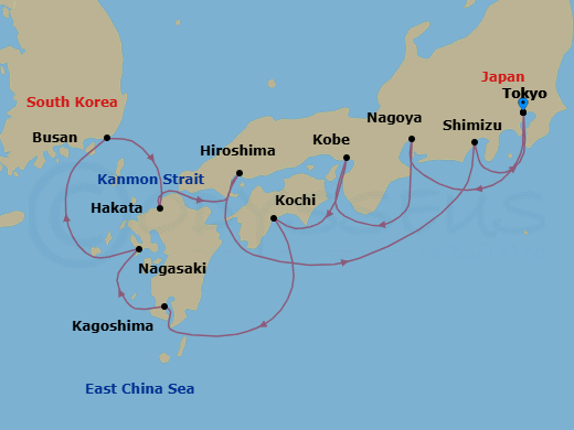 11 Night - Ways of the Shogun - Oceania Nautica - Starting in Tokyo, Nagoya, Kyoto (Kobe), Kochi, Kagoshima, Nagasaki, Busan, Fukuoka (Hakata), Hiroshima, Shimizu, Tokyo itinerary map
