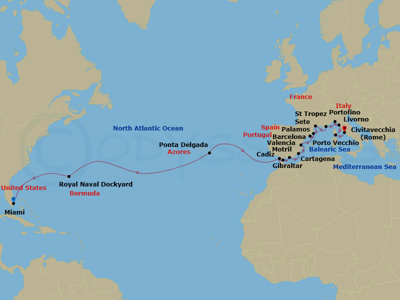 23 Night - New World to Ancient Shores - Oceania Allura - Starting in Miami, Royal Naval Dockyard, Ponta Delgada (Azores), Seville (Cadiz), Gibraltar, Granada (Motril), Cartagena ES, Valencia, Barcelona, Palamos, Sete, Saint-Tropez, Portofino, Florence / Pisa / Tuscany (Livorno), Porto Vecchio (Corsica), Rome (Civitavecchia) itinerary map