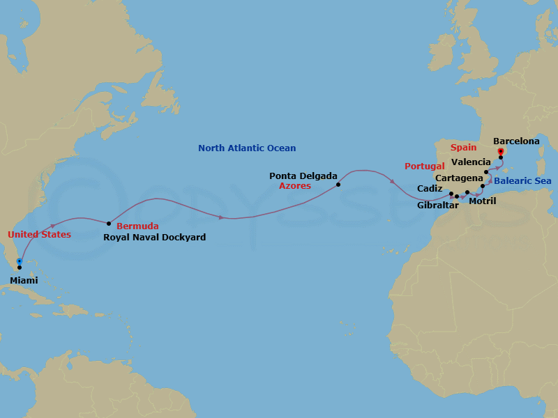 16 Night - Brilliant Bermuda & Iberia - Oceania Allura - Starting in Miami, Royal Naval Dockyard, Ponta Delgada (Azores), Seville (Cadiz), Gibraltar, Granada (Motril), Cartagena ES, Valencia, Barcelona itinerary map