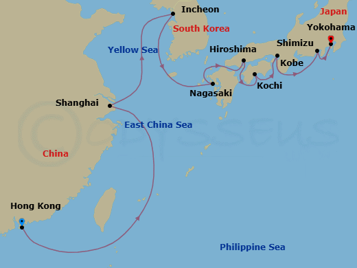 13 Night - Koi Ponds to Kimonos - Oceania Vista - Starting in Hong Kong, Shanghai, Seoul (Incheon), Nagasaki, Hiroshima, Kochi, Kyoto (Kobe), Shimizu, Tokyo (Yokohama) itinerary map