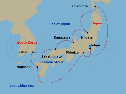 10 Night - Cherry Blossom Pathways - Oceania Nautica - Starting in Tokyo, Hakodate (Hokkaido), Niigata, Kanazawa, Sakaiminato, Busan, Nagasaki, Shimizu, Tokyo itinerary map