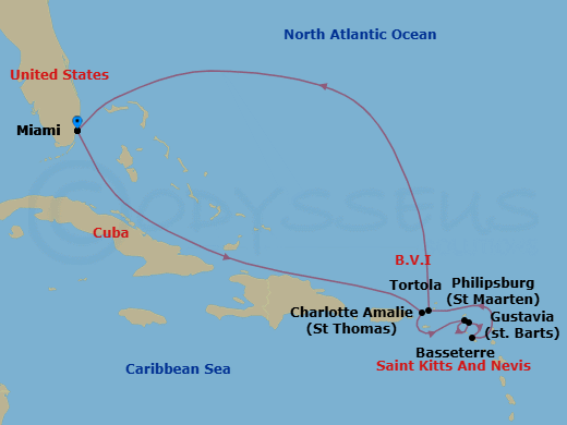 10 Night - Tropical Island Havens - Oceania Allura - Starting in Miami, Charlotte Amalie, Philipsburg, Gustavia, Basseterre, Tortola, Miami itinerary map