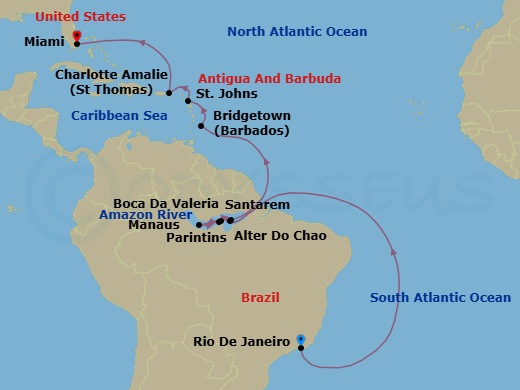 21 Night - Amazonian Spirit - Oceania Insignia - Starting in Rio De Janeiro, Cruising the Amazon River, Alter Do Chao (Amazon River), Boca Da Valeria (Amazon River), Manaus (Amazon River), Parintins (Amazon River), Santarem (Amazon River), Cruising the Amazon River, Bridgetown, St Johns, Charlotte Amalie, Miami itinerary map