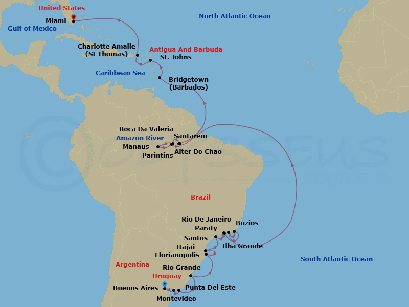 33 Night - Brazil Unbound - Oceania Insignia - Starting in Buenos Aires, Montevideo, Punta Del Este, Rio Grande, Florianopolis, Itajai, Sao Paulo (Santos), Parati, Ilha Grande, Brazil, Buzios, Brazil, Rio De Janeiro, Cruising the Amazon River, Alter Do Chao (Amazon River), Boca Da Valeria (Amazon River), Manaus (Amazon River), Parintins (Amazon River), Santarem (Amazon River), Cruising the Amazon River, Bridgetown, St Johns AG, Charlotte Amalie, Miami itinerary map