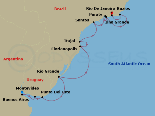 12 Night - Bossa Nova Reverie - Oceania Insignia - Starting in Buenos Aires, Montevideo, Punta Del Este, Rio Grande, Florianopolis, Itajai, Sao Paulo (Santos), Parati, Ilha Grande, Brazil, Buzios, Brazil, Rio De Janeiro itinerary map