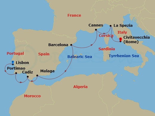 Oceania Sirena - 8 Night - Mediterranean Sunrise - Oceania Sirena - Starting in Lisbon, Portimao, Seville (Cadiz), Malaga, Barcelona, Cannes, Cinque Terre (La Spezia), Rome (C.. itinerary map